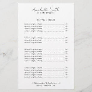 Einfache Minimalistische, moderne Preisliste