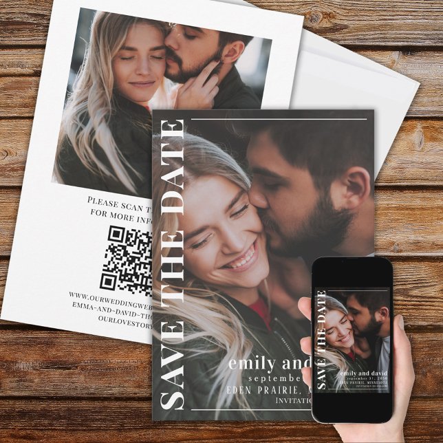 Einfache Minimalistische Moderne Zwei Foto | QR-Co Save The Date (Modern style wedding save the dale photo card with a full bleed photo template. )