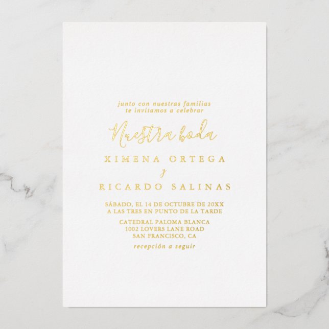 Einfache Minimalistische Nuestra Boda Wedding Folieneinladung (Vorderseite)