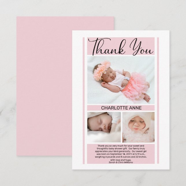 Einfache Minimalistische Pink Baby Dusche Mädchen  Dankeskarte (Vorne/Hinten)
