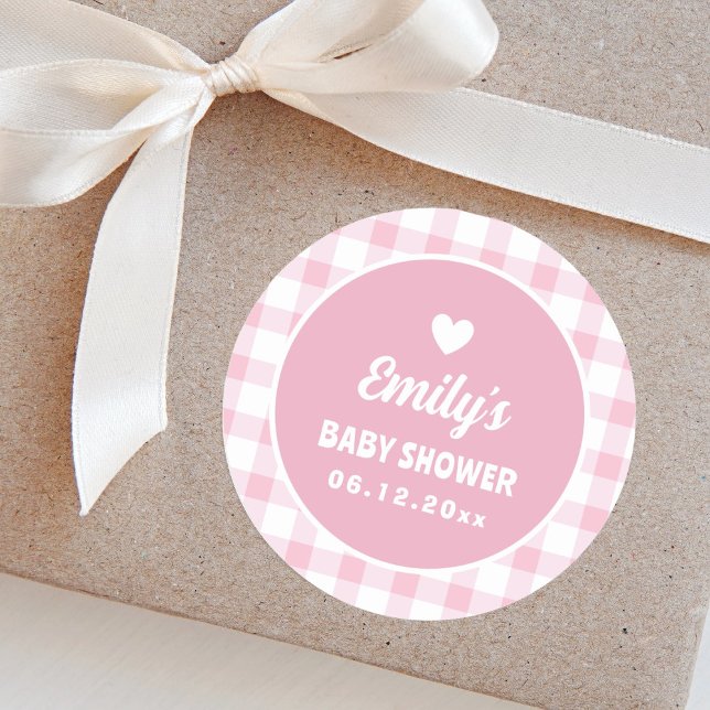 Einfache Minimalistische Pink Gingham Girl Babydus Runder Aufkleber (Von Creator hochgeladen)
