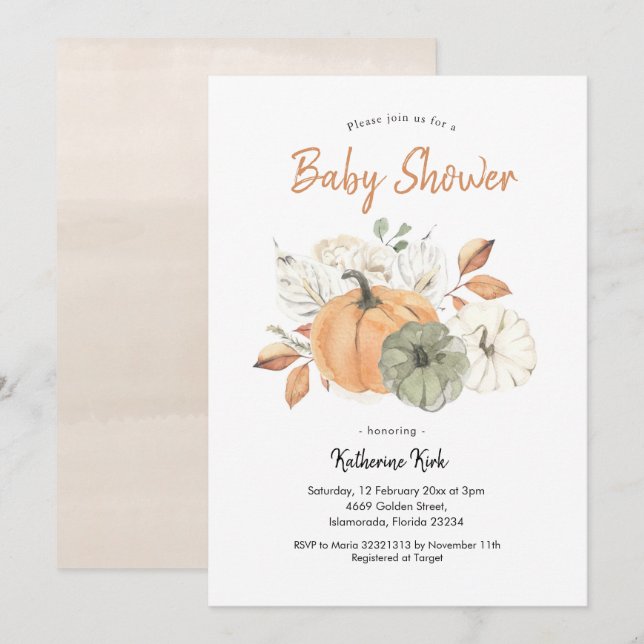 Einfache Minimalistische Pumpkin Floral Baby Dusch Einladung (Vorne/Hinten)