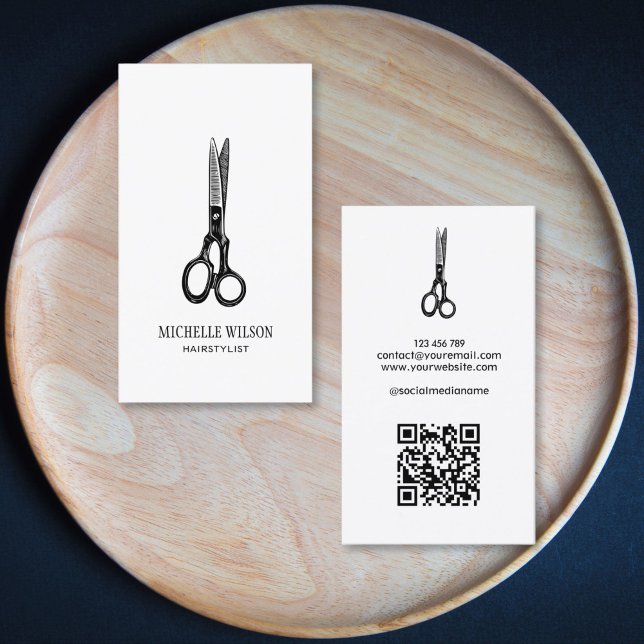 Einfache Minimalistische QR-Code-Haarstylist-Scher Visitenkarte (black doodle hand drawn scissors hair stylist logo)