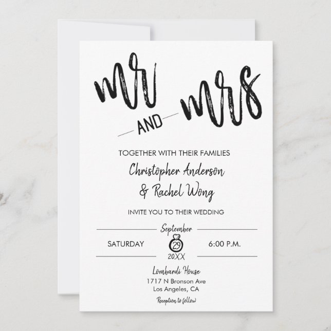 Einfache Minimalistische Schrift Mr. und Mrs. Wedd Einladung (Vorderseite)