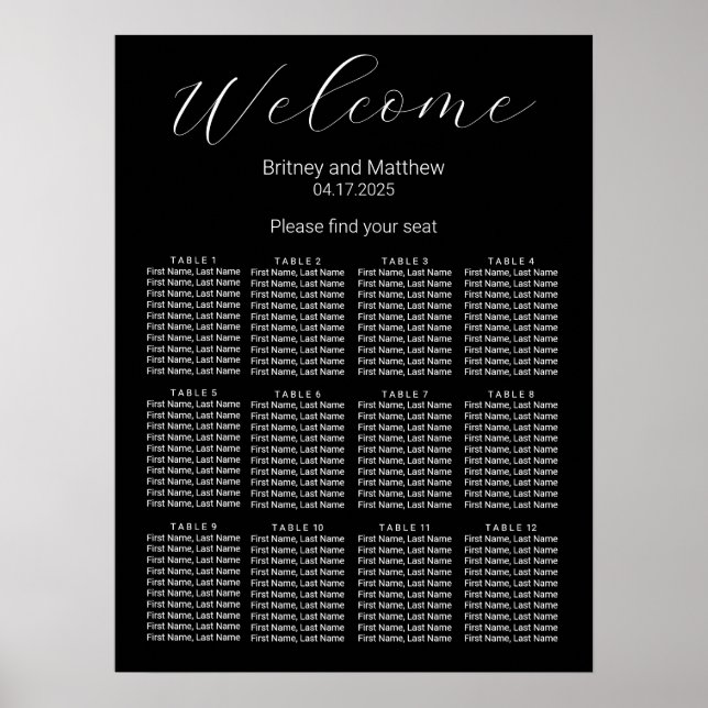 Einfache Minimalistische schwarze Hochzeitstabelle Poster (Vorne)