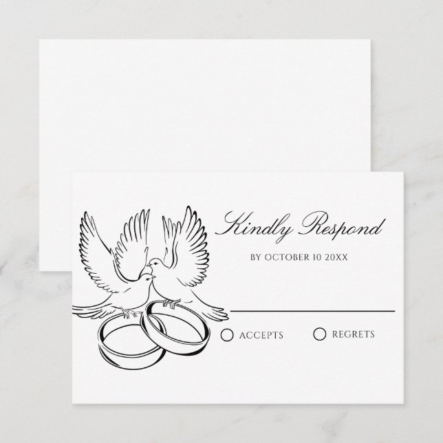 Einfache minimalistische Taube-Ehering RSVP Karte (Vorne/Hinten)