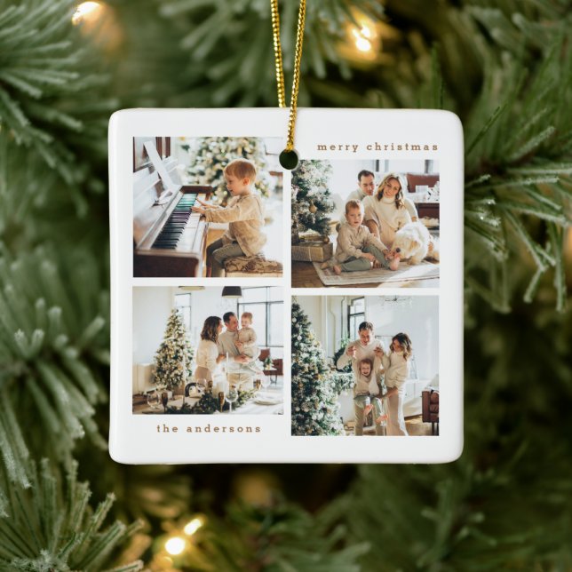 Einfache Minimalistische Weihnachts-Vier-Foto-Typo Keramikornament (Baum)