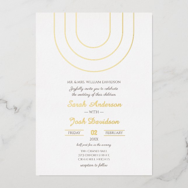 Einfache Minimalistische weiße und goldene Hochzei Folieneinladung (Vorderseite)