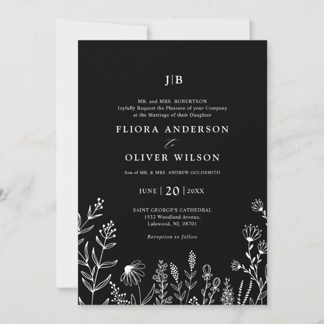 Einfache Minimalistische Wildblume Black Wedding Einladung (Vorderseite)