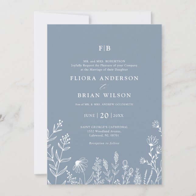 Einfache Minimalistische Wildblume Dusty Blue Wedd Einladung (Vorderseite)