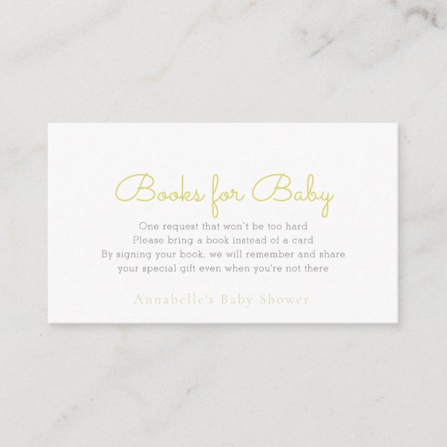 Einfache Minimalistische Yellow Baby Dusche Buchun Begleitkarte (Vorderseite)