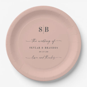Einfache Mit Monogramm Hochzeit in Vollfarbe Rosa Pappteller
