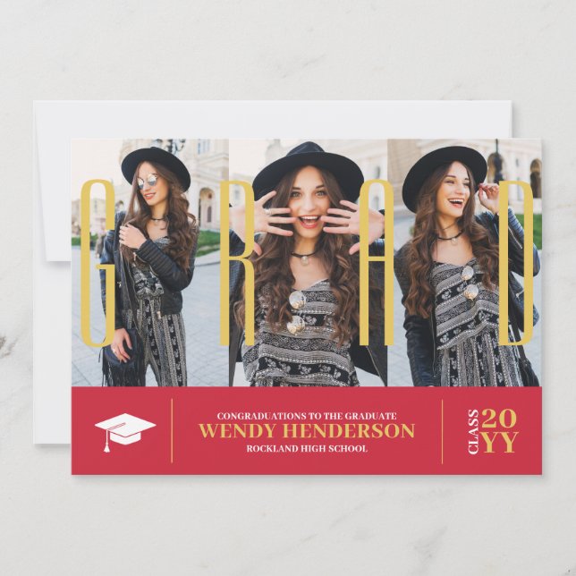 Einfache Moderne 3 Foto Collage Roter Abschluss Ankündigung (Vorderseite)