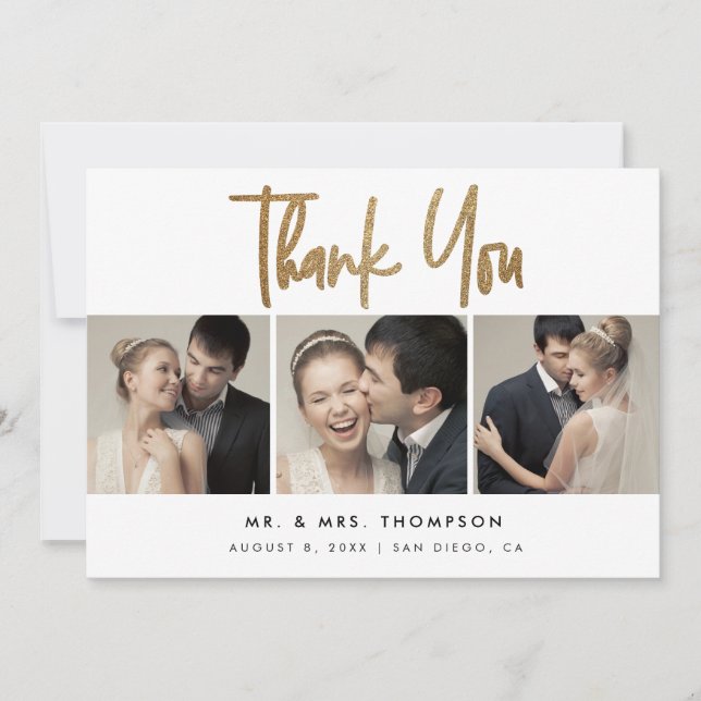 Einfache, moderne 3 Hochzeiten Fotos Dankeskarte (Vorderseite)
