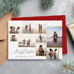 Einfache moderne 9 Foto Collage Frohe Weihnachten Folien Feiertagskarte<br><div class="desc">Shine hell in dieser Saison mit unserer Foil 9-Foto Collage Weihnachtskarte. Die schicke Kalligraphie "Frohe Weihnachten" und der goldene Rahmen fügen eine Touch von Opulenz hinzu. Auf der Rückseite ist ein festlich roter Hintergrund mit von Hand gezeichnet weißen Punkten zu sehen.</div>