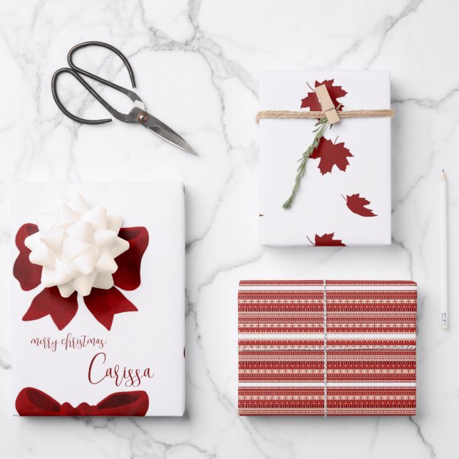 Einfache moderne Ahorn-Blätter Red Christmas Bow Geschenkpapier Set (Vorderseite)