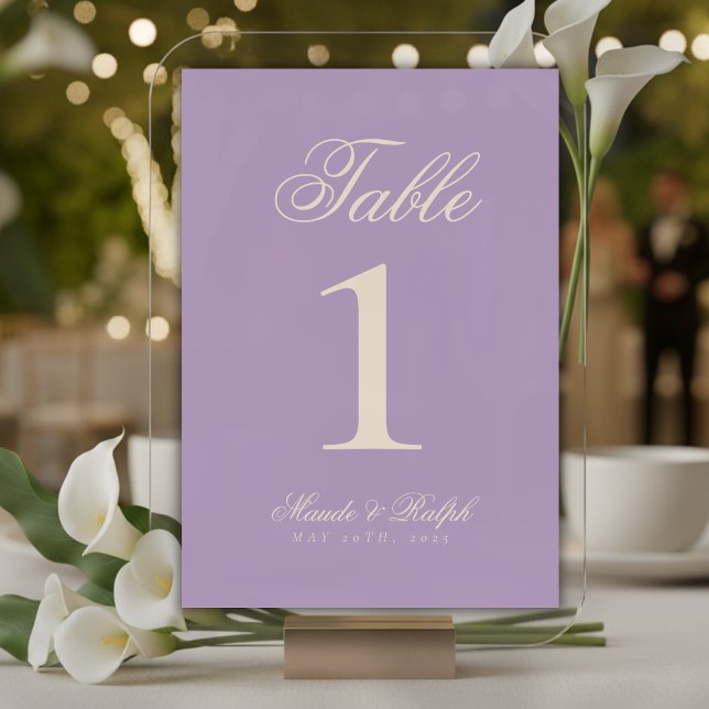 Einfache moderne Alte-Geld-Lavendel-Wisteria Weddi Tischnummer (Guide guests to their seats with sophistication using these Simple Modern Old Money Table Numbers!)