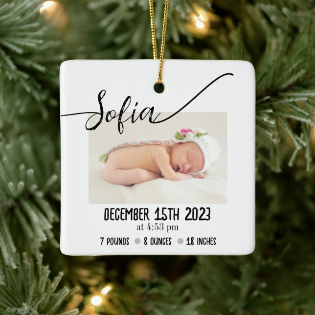 Einfache moderne Baby Foto Birth Stats Keramikornament (Baum)