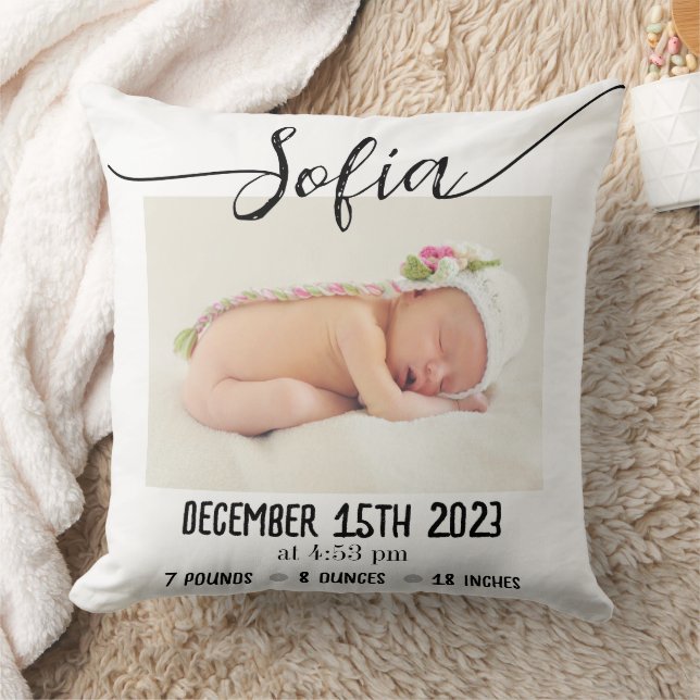 Einfache moderne Baby Foto Birth Stats Kissen (Decke)