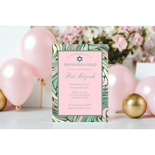 Einfache moderne Bat Mitzvah Rosa und Grün Einladung
