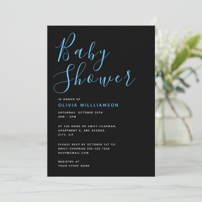Einfache moderne Black & Blue Baby Dusche Einladung (Stehend Vorderseite)
