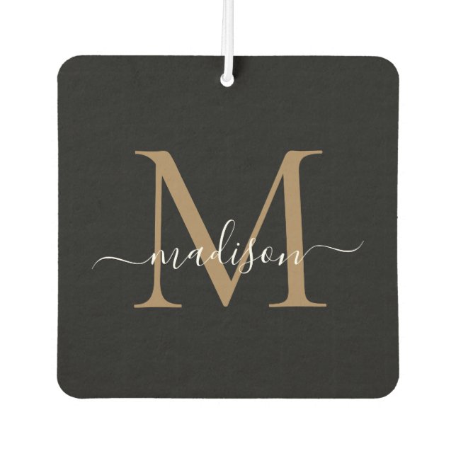 Einfache moderne Black Gold Monogram Chic Script N Autolufterfrischer (Vorderseite)