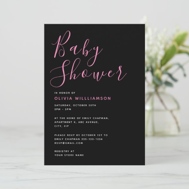 Einfache moderne Black & Pink Babydusche Einladung (Stehend Vorderseite)