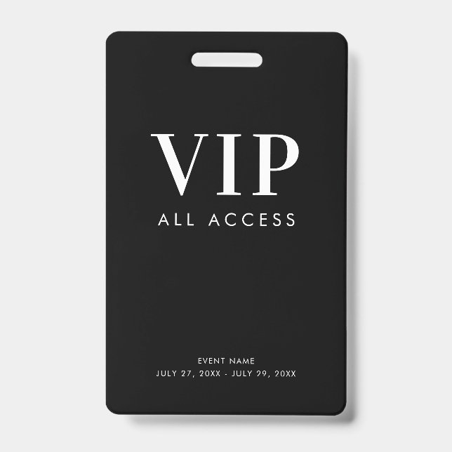 Einfache, moderne Black VIP All Access Pass Verans Ausweis (Front)
