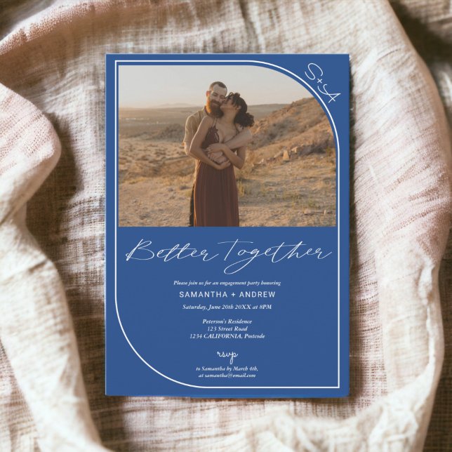 Einfache, moderne blaue 2 Fotos Verlobung Ankündigung (Simple modern blue 2 photos engagement announcement)