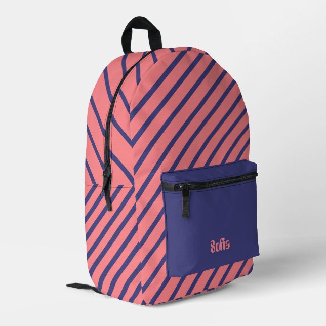 Einfache, moderne, blaue, helle Korallen Streifen Bedruckter Rucksack (Rückseitige Ecke links)