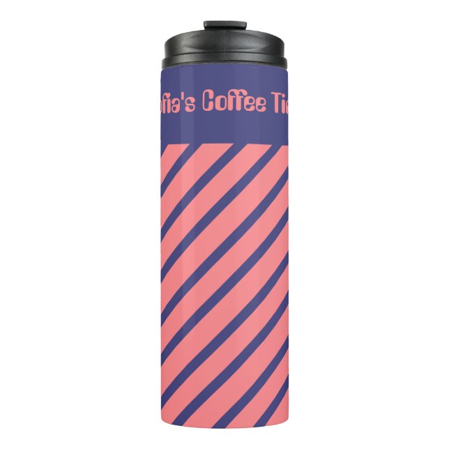 Einfache, moderne, blaue, helle Korallen Streifen Thermosbecher (Vorderseite)
