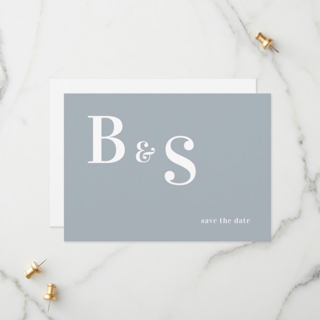 Einfache, moderne, blaue Monogramm QR Save the Dat Save The Date (Vorderseite/Rückseite Beispiel)