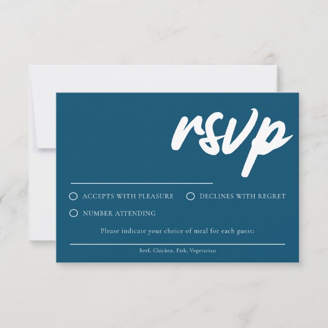 Einfache, moderne, blaue RSVP-Karte mit Speisekart Einladung (Vorderseite)