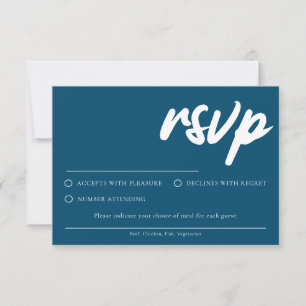 Einfache, moderne, blaue RSVP-Karte mit Speisekart Einladung