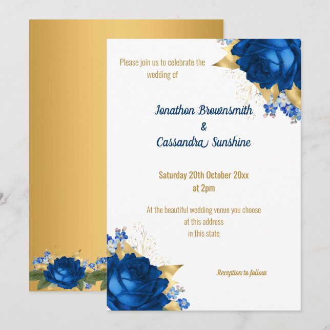 EINFACHE MODERNE BLUE FLORAL GOLD WHITE WEDD EINLADUNG (Vorne/Hinten)