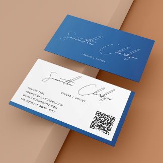 Einfache moderne Blue Handschriftlich-QR-Code Visitenkarte