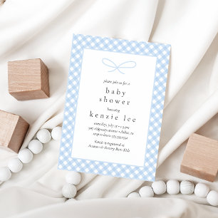 Einfache moderne Blue Kariert Bow Baby Dusche Einladung