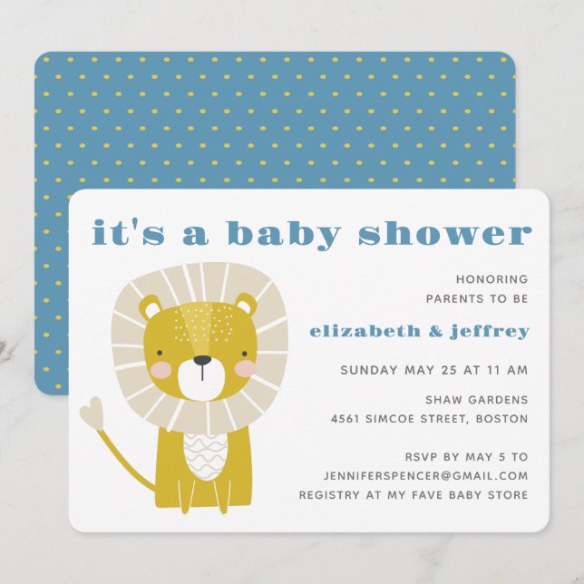 Einfache moderne Blue Lion Boy Baby Dusche Einladu Einladung (Vorne/Hinten)