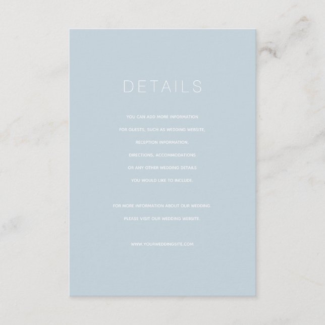 Einfache, moderne Blue Wedding Details Card Begleitkarte (Vorderseite)