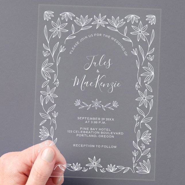 Einfache, moderne Blumenstrasse Weiße Hochzeit Acryleinladungen (Modern fresh botanical floral line art unique acrylic wedding invitation)