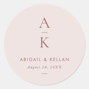 Einfache moderne Blush Brown Monogram Wedding Runder Aufkleber