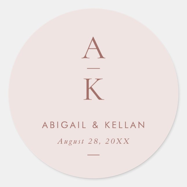 Einfache moderne Blush Brown Monogram Wedding Runder Aufkleber (Vorderseite)