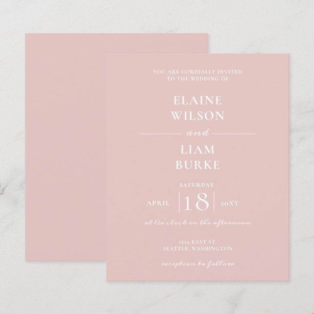 Einfache, moderne Blush Hochzeitseinladung (Vorne/Hinten)