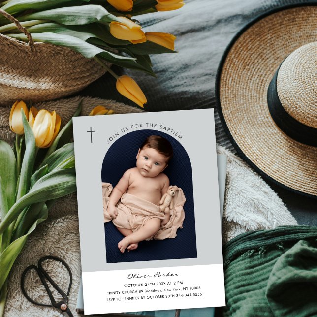 Einfache moderne Boho Arch Cross Baby Foto Taufe Einladung (Simple Modern Boho Arch Cross Baby Photo Baptism Invitation)