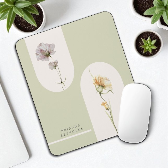 Einfache moderne Boho-Wildblumen auf Sage Green Mousepad (Von Creator hochgeladen)