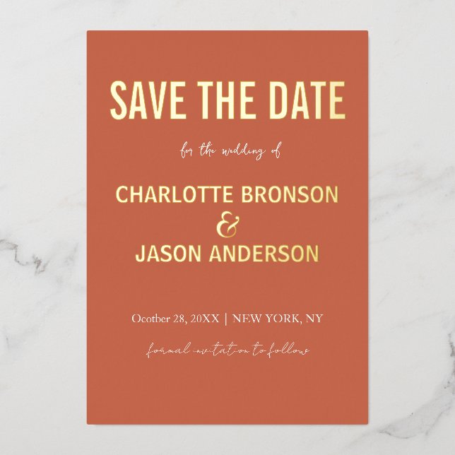 Einfache moderne Burnt Orange Save the Date Gold Folieneinladung (Vorderseite)
