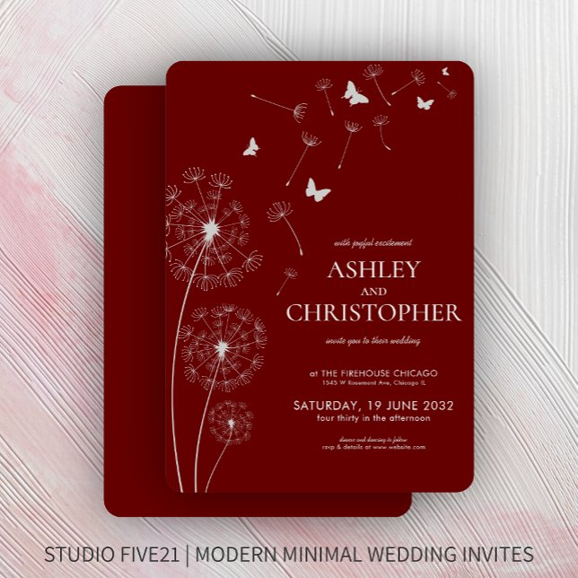 Einfache moderne Crimson Red Dandelion Wedding Einladung (Von Creator hochgeladen)