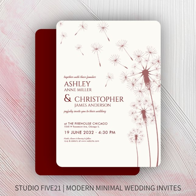 Einfache moderne Crimson Red Dandelion Wedding Einladung (Von Creator hochgeladen)