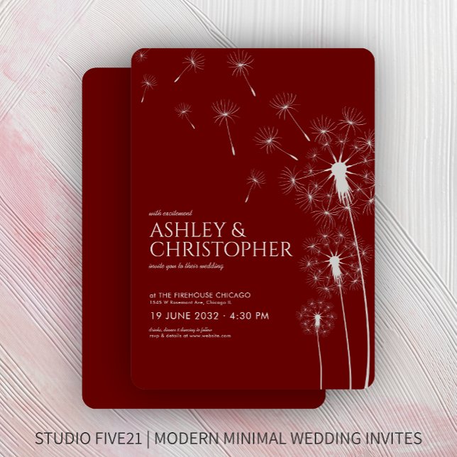 Einfache moderne Crimson Red Dandelion Wedding Einladung (Von Creator hochgeladen)