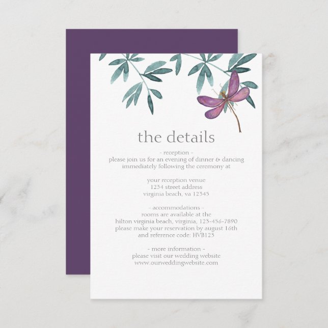 Einfache moderne Drachenfliegengrüne Hochzeitsdeta Begleitkarte (Vorne/Hinten)